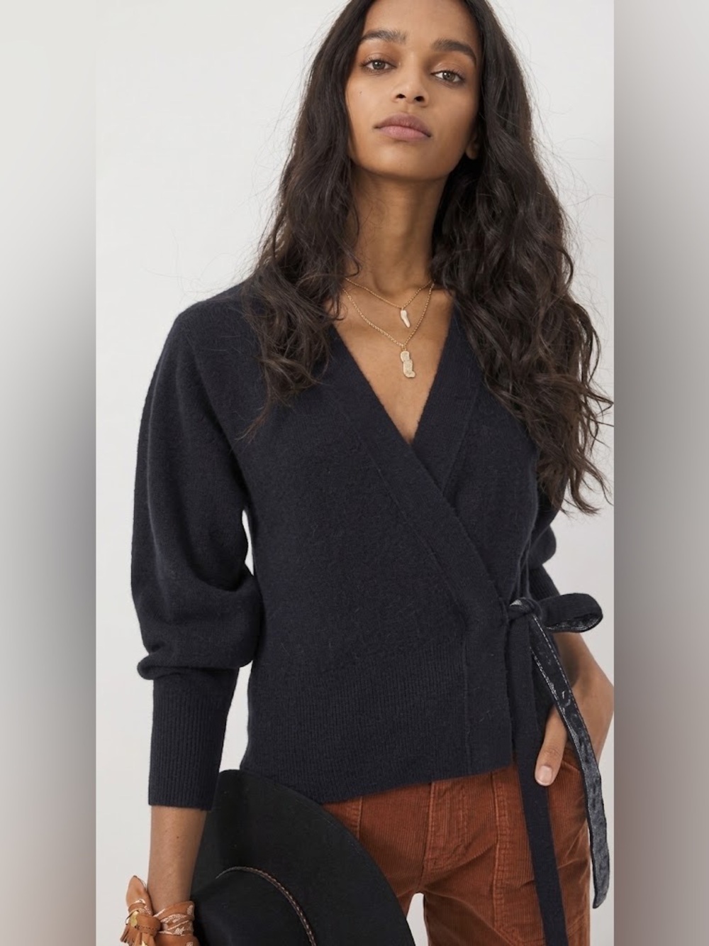 By Anthropologie Black Wrap V-Neck Women's Sweater with Velvet Tie Closure